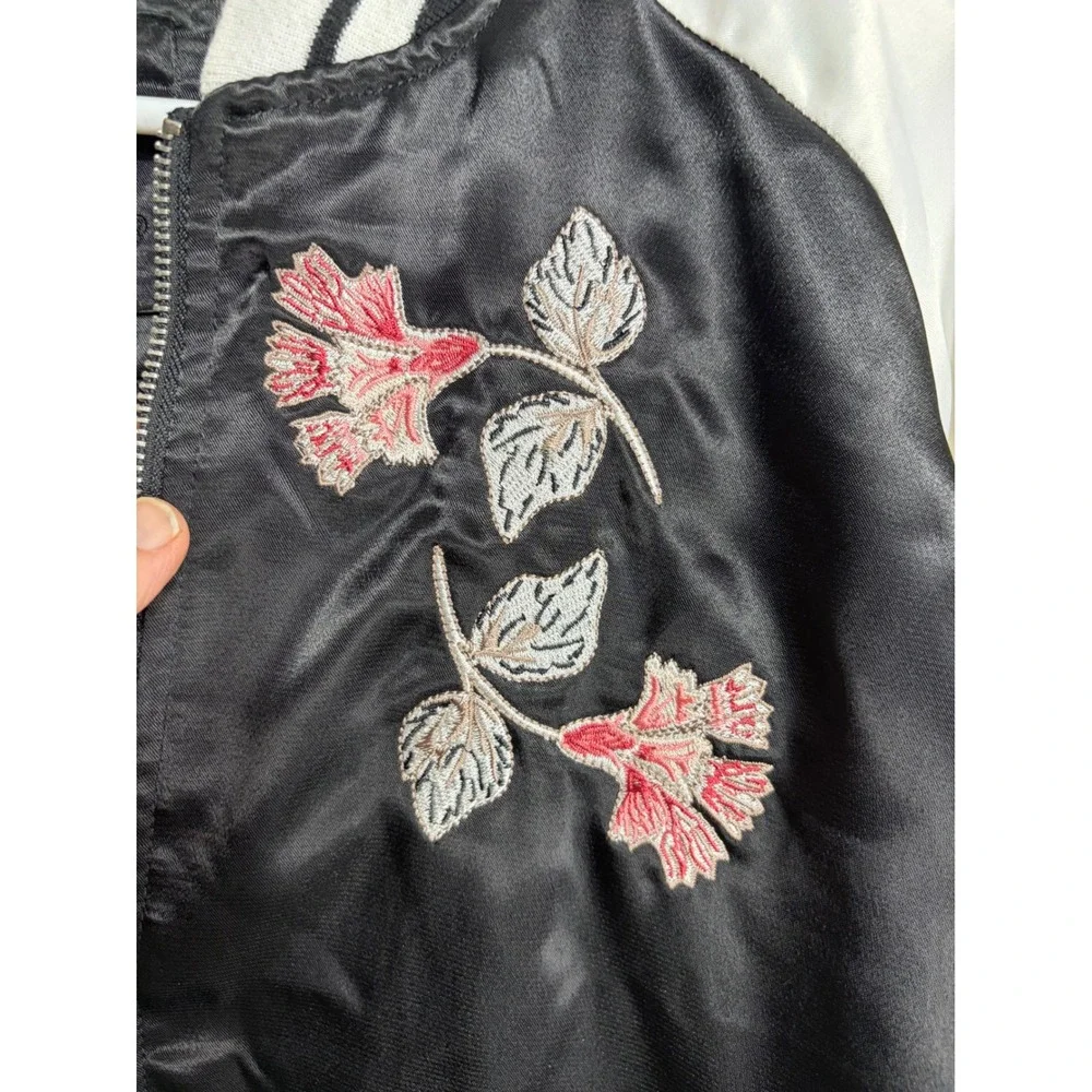 Odyn Womens XL Satin Floral Embroidered Bomber Jacket Black White Sporty Retro